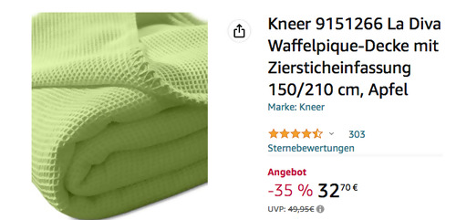 Kneer 9151266 La Diva 150/210 cm Waffelpique-Decke in Farbe Apfel - jetzt 10% billiger Kneer 9151266 La Diva 150/210 cm Waffelpique-Decke in Farbe Apfel - jetzt 10% billiger