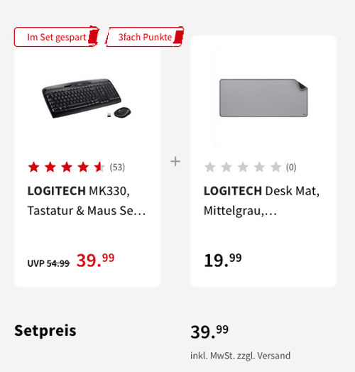LOGITECH MK330 Wireless Tastatur & Maus Set inkl. LOGITECH Desk Mat Schreibtischmatte in Mittelgrau LOGITECH MK330 Wireless Tastatur & Maus Set inkl. LOGITECH Desk Mat Schreibtischmatte in Mittelgrau