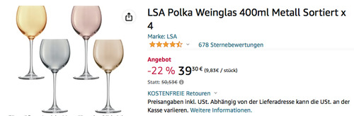 LSA Polka Weinglas 400ml Metall Sortiert 4er Set (Glas, Perlglanz) - jetzt 22% billiger