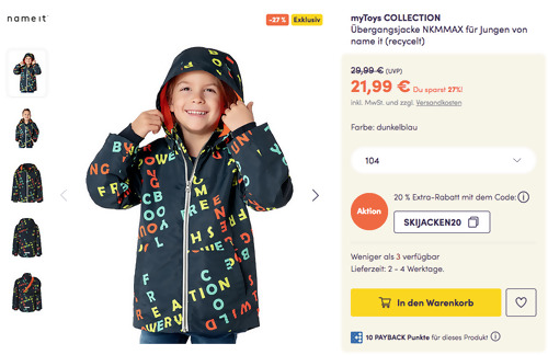 myToys.de - 20% Extra-Rabatt auf Jacken & Skibekleidung: z.B. myToys COLLECTION Übergangsjacke NKMMAX für Jungen von name it in Dunkelblau (92-140) myToys.de - 20% Extra-Rabatt auf Jacken & Skibekleidung: z.B. myToys COLLECTION Übergangsjacke NKMMAX für Jungen von name it in Dunkelblau (92-140)
