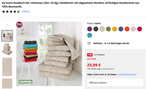 Otto.de - 20% Rabatt auf Heimtextilien: z.B. my home 10-tlg. Handtuch Set »Vanessa«, versch. Farben Otto.de - 20% Rabatt auf Heimtextilien: z.B. my home 10-tlg. Handtuch Set »Vanessa«, versch. Farben