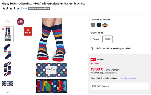 Otto.de - 20% Rabatt auf Mode & Sport: z.B. Happy Socks Socken 4-Paar Box, versch. Muster (36-46) Otto.de - 20% Rabatt auf Mode & Sport: z.B. Happy Socks Socken 4-Paar Box, versch. Muster (36-46)