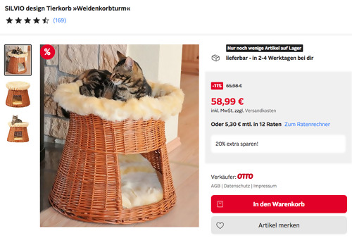 Otto.de - 20% Rabatt auf Wohnen: z.B. SILVIO design Tierkorb »Weidenkorbturm« Otto.de - 20% Rabatt auf Wohnen: z.B. SILVIO design Tierkorb »Weidenkorbturm«