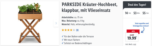 PARKSIDE Kräuter-Hochbeet (ca. 58 x 38 x 75 cm, Holz, klappbar, Vlieseinsatz) PARKSIDE Kräuter-Hochbeet (ca. 58 x 38 x 75 cm, Holz, klappbar, Vlieseinsatz)