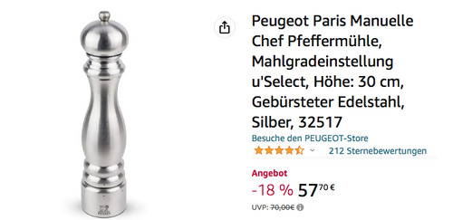 Peugeot 32517 Paris Manuelle Chef 30 cm Pfeffermühle, Edelstahl - jetzt 10% billiger