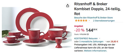 Ritzenhoff & Breker Geschirrset "Doppio" 24-tlg. in Rot, Porzellan Ritzenhoff & Breker Geschirrset "Doppio" 24-tlg. in Rot, Porzellan