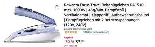 Rowenta Focus Travel Reisebügeleisen DA1510 (Klappgriff, max. 1000W, 45g/Min., 120V/240V) Rowenta Focus Travel Reisebügeleisen DA1510 (Klappgriff, max. 1000W, 45g/Min., 120V/240V)