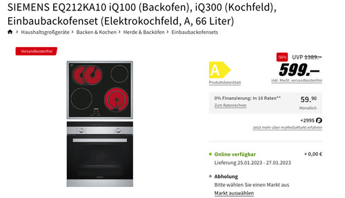 SIEMENS EQ212KA10 iQ100 (HB113FBS1 Backofen) iQ300 (ET645HN17E Kochfeld) Einbaubackofenset SIEMENS EQ212KA10 iQ100 (HB113FBS1 Backofen) iQ300 (ET645HN17E Kochfeld) Einbaubackofenset
