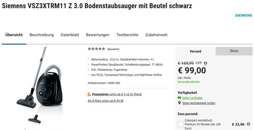 Siemens VSZ3XTRM11 Z 3.0 Bodenstaubsauger (850 W, Beutel) Siemens VSZ3XTRM11 Z 3.0 Bodenstaubsauger (850 W, Beutel)