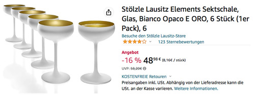 Stölzle Lausitz Bianco Opaco E Oro Elements Sektschale 6 Stück Set, 230 ml Stölzle Lausitz Bianco Opaco E Oro Elements Sektschale 6 Stück Set, 230 ml