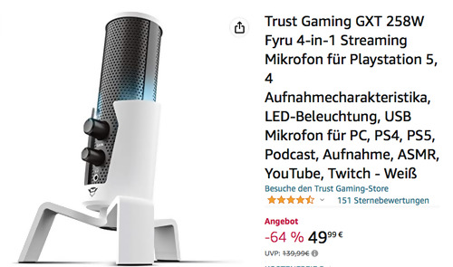 Trust Gaming GXT 258W Fyru 4-in-1 Streaming Mikrofon in Weiß (USB, LED-Beleuchtung) Trust Gaming GXT 258W Fyru 4-in-1 Streaming Mikrofon in Weiß (USB, LED-Beleuchtung)