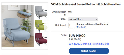 VCM Schlafsessel "Kolino", versch. Farben (ca. 184 x 64 cm Schlaffunktion) - jetzt 19% billiger