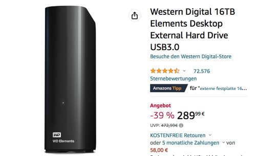 Western Digital 16TB Elements Desktop USB 3.0 externe HDD-Festplatte Western Digital 16TB Elements Desktop USB 3.0 externe HDD-Festplatte