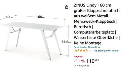 ZINUS Lindy 160 cm Klappschreibtisch in Weiß (Metall, Wasserfeste Oberfläche) ZINUS Lindy 160 cm Klappschreibtisch in Weiß (Metall, Wasserfeste Oberfläche)
