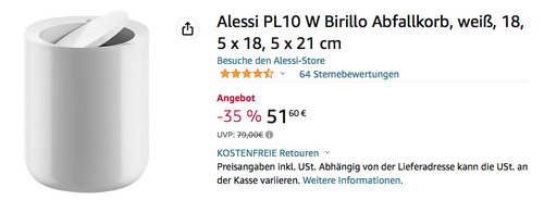Alessi PL10 W Birillo Abfallkorb in Weiß, 18, 5 x 18, 5 x 21 cm - jetzt 16% billiger Alessi PL10 W Birillo Abfallkorb in Weiß, 18, 5 x 18, 5 x 21 cm - jetzt 16% billiger