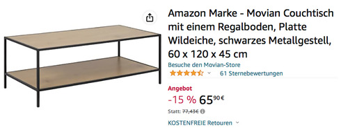 Amazon Marke - Movian 60 x 120 x 45 cm Couchtisch mit einem Regalboden und schwarzem Metallgestell - jetzt 15% billiger