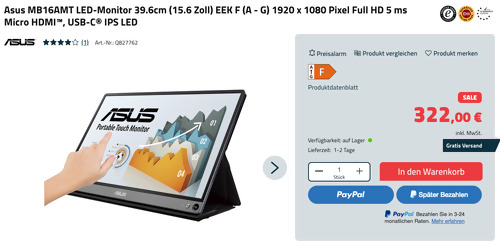Asus ZenScreen MB16AMT 39.6cm (15.6 Zoll) tragbarer USB-Monitor (1920 x 1080 Pixel, 7800mAh-Akku, Micro HDMI, USB-C) Asus ZenScreen MB16AMT 39.6cm (15.6 Zoll) tragbarer USB-Monitor (1920 x 1080 Pixel, 7800mAh-Akku, Micro HDMI, USB-C)