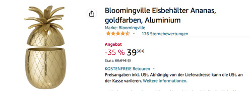 Bloomingville 24 cm Eisbehälter "Ananas" in Goldfarben (1 Liter, Aluminium) - jetzt 31% billiger Bloomingville 24 cm Eisbehälter "Ananas" in Goldfarben (1 Liter, Aluminium) - jetzt 31% billiger
