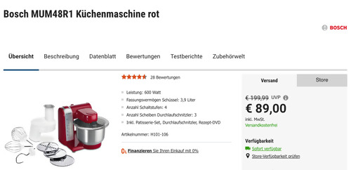 Bosch MUM48R1 Küchenmaschine in Rot (600 Watt, 3,9 Liter Schüssel, inkl. Patisserie-Set) - jetzt 20% billiger
