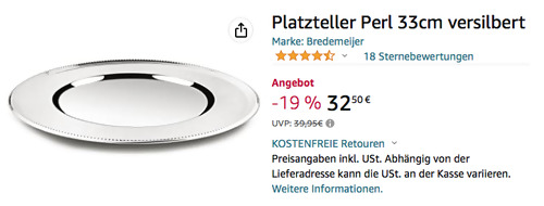 Bredemeijer Platzteller Perl 33cm mit Perlrand, versilbert Bredemeijer Platzteller Perl 33cm mit Perlrand, versilbert