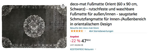 DECO-MAT 60 x 90 cm Fußmatte "Orient" - rutschfeste und waschbare Fußmatte für außen/innen - jetzt 22% billiger DECO-MAT 60 x 90 cm Fußmatte "Orient" - rutschfeste und waschbare Fußmatte für außen/innen - jetzt 22% billiger