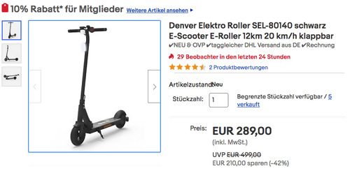 Denver Elektro Roller SEL-80140 in Schwarz (12km, 20 km/h, Denver Elektro Roller SEL-80140 in Schwarz (12km, 20 km/h,