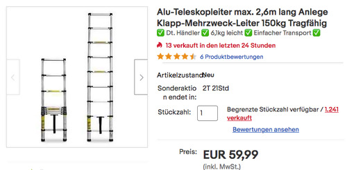 Eaxus 2,6m Alu-Teleskopleiter, max. 150kg Tragfähig Eaxus 2,6m Alu-Teleskopleiter, max. 150kg Tragfähig
