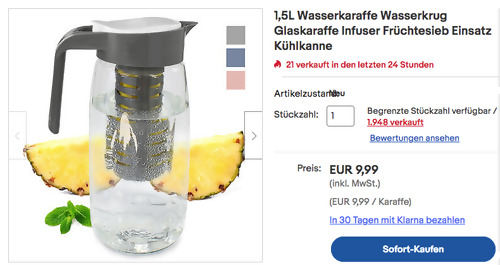 Eaxus ca. 1,5L Wasserkaraffe (Glas, Infuser, Deckel) - jetzt 41% billiger Eaxus ca. 1,5L Wasserkaraffe (Glas, Infuser, Deckel) - jetzt 41% billiger