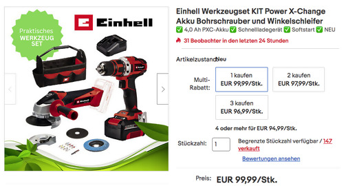 Einhell TE-TK 18/2 Li KIT Akku-Bohrschrauber TC-AG 18/115 Li und Winkelschleifer TC-AG 18/115 Li Werkzeugset (Power X-Change, 4,0 Ah PXC-Akku) Einhell TE-TK 18/2 Li KIT Akku-Bohrschrauber TC-AG 18/115 Li und Winkelschleifer TC-AG 18/115 Li Werkzeugset (Power X-Change, 4,0 Ah PXC-Akku)