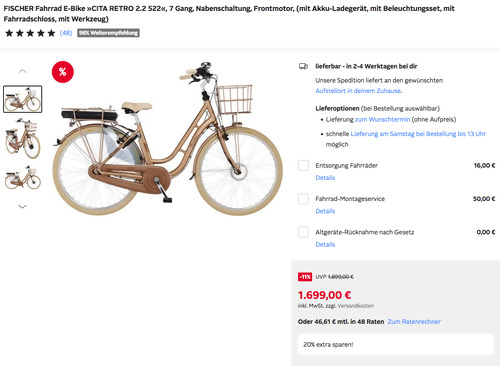 FISCHER Fahrrad E-Bike »CITA RETRO 2.2 522« in Kupfer glänzend (28 Zoll, 7 Gang, 140 km Reichweite Akku) FISCHER Fahrrad E-Bike »CITA RETRO 2.2 522« in Kupfer glänzend (28 Zoll, 7 Gang, 140 km Reichweite Akku)