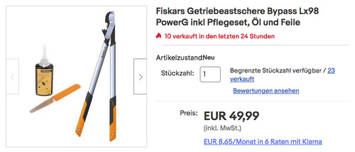 Fiskars Getriebeastschere Bypass Lx98 PowerG inkl. Öl und Feile Pflegeset Fiskars Getriebeastschere Bypass Lx98 PowerG inkl. Öl und Feile Pflegeset
