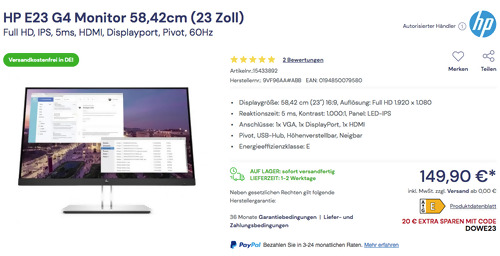 HP E23 G4 58,42cm (23 Zoll) Monitor (Full HD, IPS, 5ms, HDMI, Displayport, Pivot, 60Hz) HP E23 G4 58,42cm (23 Zoll) Monitor (Full HD, IPS, 5ms, HDMI, Displayport, Pivot, 60Hz)