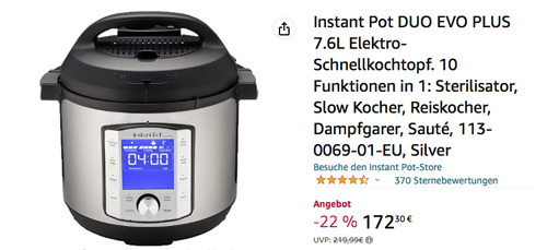 Instant Pot DUO EVO PLUS 7.6L Elektro-Schnellkochtopf, 10 One Touch Smart-Programme - jetzt 20% billiger