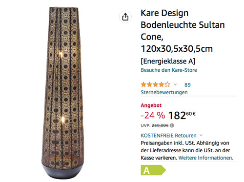 Kare Design 120 cm Bodenleuchte Sultan Cone (E27, Metall lackiert) - jetzt 20% billiger Kare Design 120 cm Bodenleuchte Sultan Cone (E27, Metall lackiert) - jetzt 20% billiger