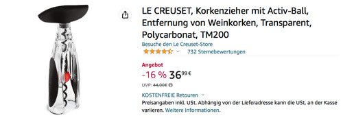 LE CREUSET TM200 Korkenzieher mit Activ-Ball in Crystal LE CREUSET TM200 Korkenzieher mit Activ-Ball in Crystal