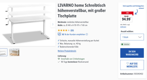 LIVARNO home 140x60 cm Schreibtisch höhenverstellbar in Weiß, manuelle Höhenverstellung per Kurbel LIVARNO home 140x60 cm Schreibtisch höhenverstellbar in Weiß, manuelle Höhenverstellung per Kurbel