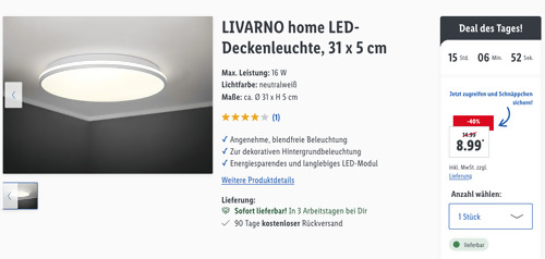 LIVARNO home 31 x 5 cm LED-Deckenleuchte (16 W, 4000 K, 2000 lm) - jetzt 30% billiger LIVARNO home 31 x 5 cm LED-Deckenleuchte (16 W, 4000 K, 2000 lm) - jetzt 30% billiger