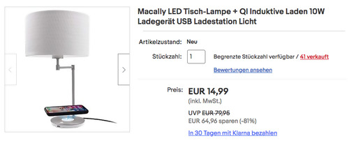 Macally LAMPCHARGEQI-E LED Tischlampe mit Qi-Ladung und USB-Anschluss - jetzt 48% billiger