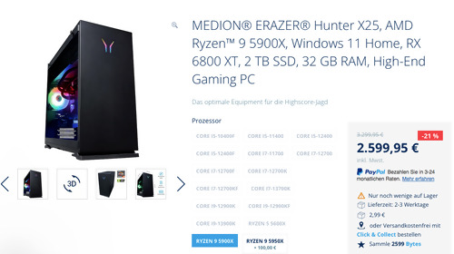MEDION® ERAZER® Hunter X25 High-End Gaming PC (AMD Ryzen 9 5900X, Windows 11 Home, RX 6800 XT, 2 TB SSD, 32 GB RAM) MEDION® ERAZER® Hunter X25 High-End Gaming PC (AMD Ryzen 9 5900X, Windows 11 Home, RX 6800 XT, 2 TB SSD, 32 GB RAM)