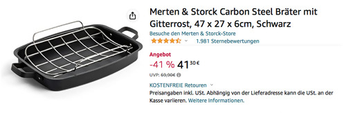 Merten & Storck Carbon Steel Bräter mit Gitterrost, 47 x 27 x 6cm - jetzt 39% billiger Merten & Storck Carbon Steel Bräter mit Gitterrost, 47 x 27 x 6cm - jetzt 39% billiger