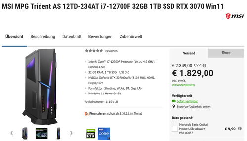 MSI MPG Trident AS 12TD-234AT Gaming PC (i7-12700F, 32GB, 1TB SSD, RTX 3070, Win11) MSI MPG Trident AS 12TD-234AT Gaming PC (i7-12700F, 32GB, 1TB SSD, RTX 3070, Win11)