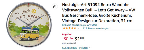 Nostalgic-Art 51092 Retro Wanduhr Volkswagen Bulli Let's Get Away, 31 cm Nostalgic-Art 51092 Retro Wanduhr Volkswagen Bulli Let's Get Away, 31 cm