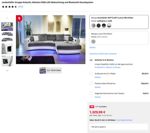 Otto.de - 15% Rabatt auf Wohnen-Sortiment: z.B. Jockenhöfer Gruppe 322x1120x88 cm Ecksofa in Weiß/Grau inklusive RGB-LED-Beleuchtung und Bluetooth-Soundsystem - jetzt 15% billiger