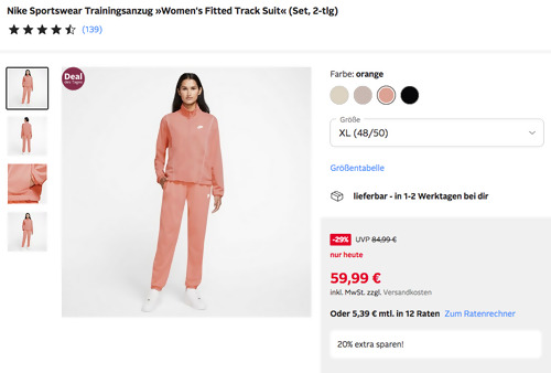 Otto.de - 20% Rabatt auf SALE Mode & Sportartikel: z.B. Nike Sportswear Trainingsanzug »Women's Fitted Track Suit« in Orange (XS-XL) Otto.de - 20% Rabatt auf SALE Mode & Sportartikel: z.B. Nike Sportswear Trainingsanzug »Women's Fitted Track Suit« in Orange (XS-XL)