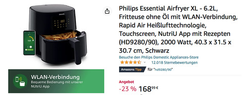 Philips ?HD9280/90 Essential Airfryer XL - 6.2L Heißluftfritteuse mit WLAN-Verbindung und NutriU App Philips ?HD9280/90 Essential Airfryer XL - 6.2L Heißluftfritteuse mit WLAN-Verbindung und NutriU App