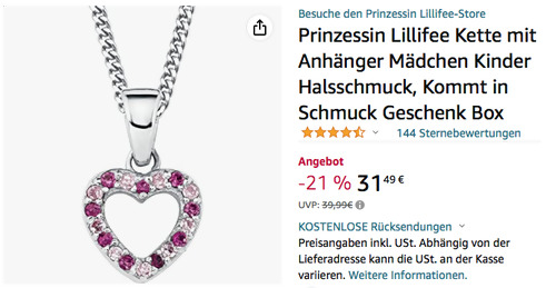 Prinzessin Lillifee PLF5/28 Kette mit Herz Lila Anhänger (925 Silber, 35 cm + 3 cm, Zirkonia) Prinzessin Lillifee PLF5/28 Kette mit Herz Lila Anhänger (925 Silber, 35 cm + 3 cm, Zirkonia)