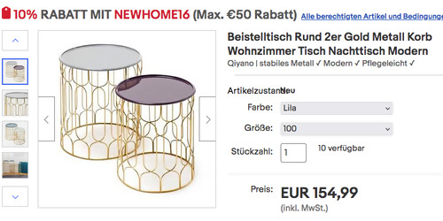Qiyano JUA Rund Beistelltisch Gold Metall Korb 2er Set in Lila, 44 / 49 cm hoch - jetzt 10% billiger