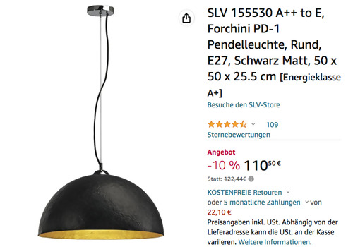 SLV 155530 Forchini PD-1 Pendelleuchte in Gold / Schwarz Matt, 50 x 50 x 25.5 cm - jetzt 10% billiger