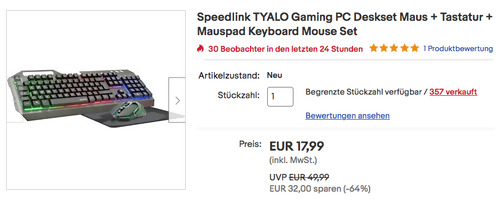 Speedlink SL-670300-BK TYALO Gaming PC Maus + Tastatur+ Mauspad Deskset in Schwarz (USB, LED-Beleuchtung) Speedlink SL-670300-BK TYALO Gaming PC Maus + Tastatur+ Mauspad Deskset in Schwarz (USB, LED-Beleuchtung)