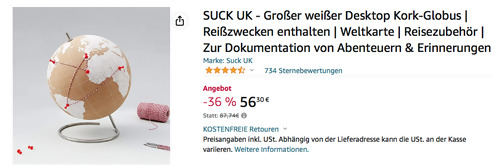 SUCK UK 25 cm Desktop Kork-Globus in Weiß, inkl. Reißzwecken SUCK UK 25 cm Desktop Kork-Globus in Weiß, inkl. Reißzwecken